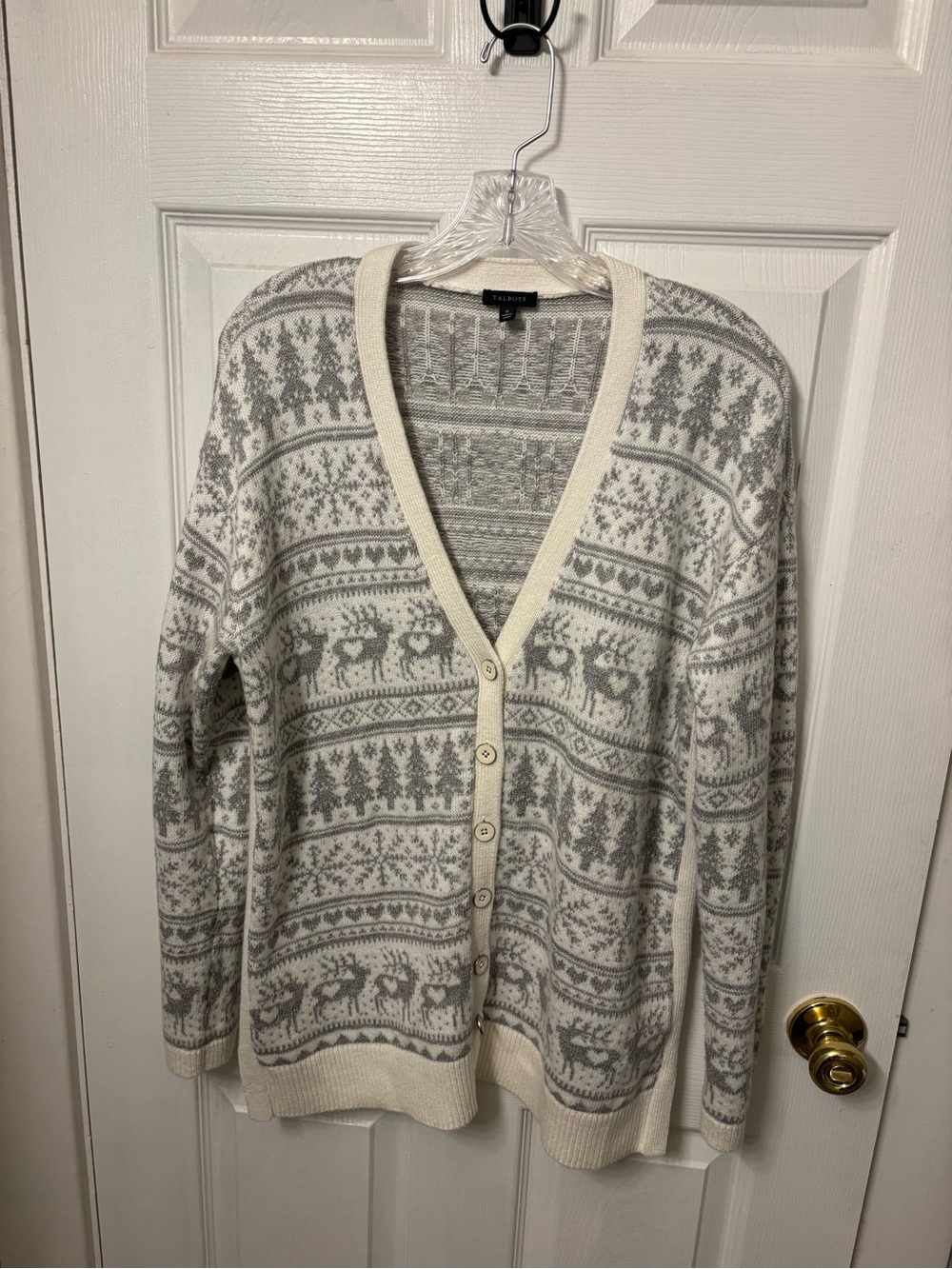 Holiday Oversized Ivory and Light Gray Fair Isle Button-Front Cardigan